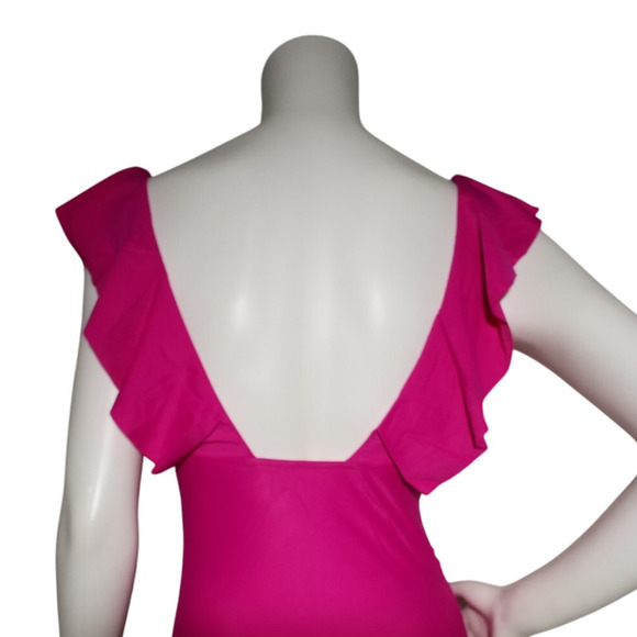 J Crew Ruched Ruffle One Piece Swimsuit 18 Pink V Neck Open Back NWT - Picture 5 of 8